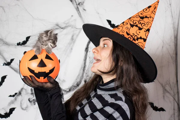 Egy boszorkány jelmezes nő kalapban egy vödör tököt tart macskával. Halloween emberek és állatok. — Stock Fotó
