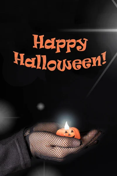 Vertical Halloween Banner Black Backtext Happy Halloween Англійською Жінка Тримає — стокове фото