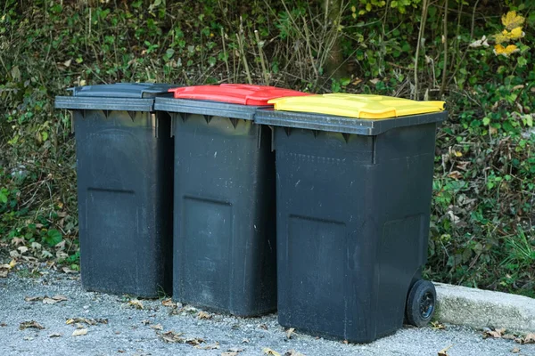 Avrupa 'da çöp ayıklama. Farklı çöp türleri için renkli kapaklı çöp tenekeleri.