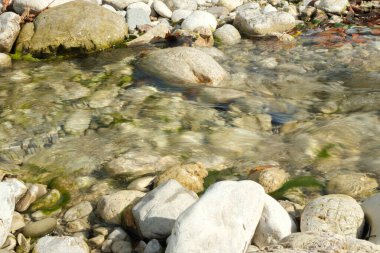 Kayaların ve taşların üzerinden akan sığ nehir suyunu temizleyin..
