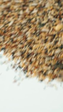 Beyaz arka planda karışık sağlıklı tohumların dağılması, makro dikey yavaş çekim.