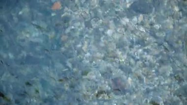 Soğuk nehir suyunun hızlı akışı ve dalgaların üst görüntüsü. Karlı kış mevsiminde kristal berrak dağ akıntısı.