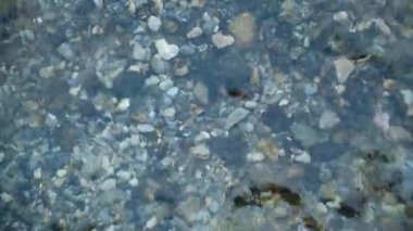 Soğuk nehir suyunun hızlı akışı ve dalgaların üst görüntüsü. Karlı kış mevsiminde kristal berrak dağ akıntısı.