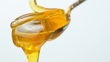 Doğal arı balı kaşığa akıyor ve damlıyor, makro yavaş çekim.