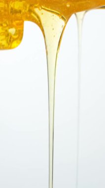 Beyaz arkaplana dökülen Sıvı Taze Bal Macro dokusu