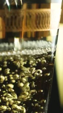 Camda beyaz şarabın makro dikey çekimi, baloncuklar yavaş çekim.