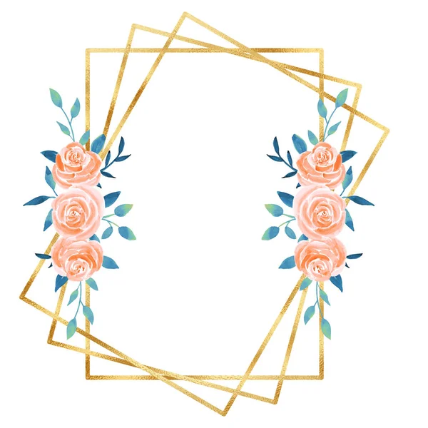 Suluboya çiçek resimli altın dikdörtgen çerçeve.