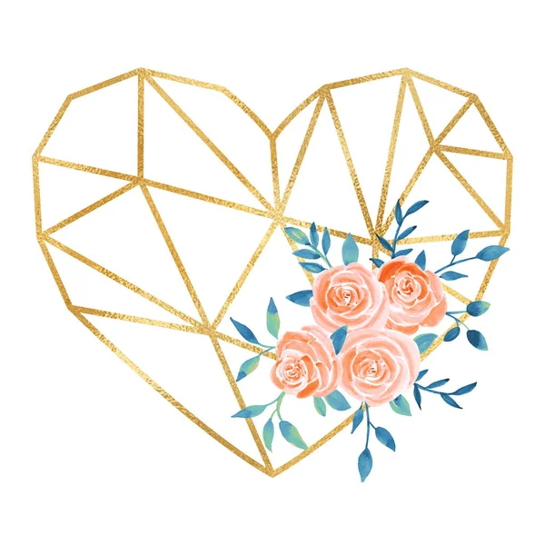 Moldura de coração de ouro com ilustração de flor aquarela. — Fotografia de Stock