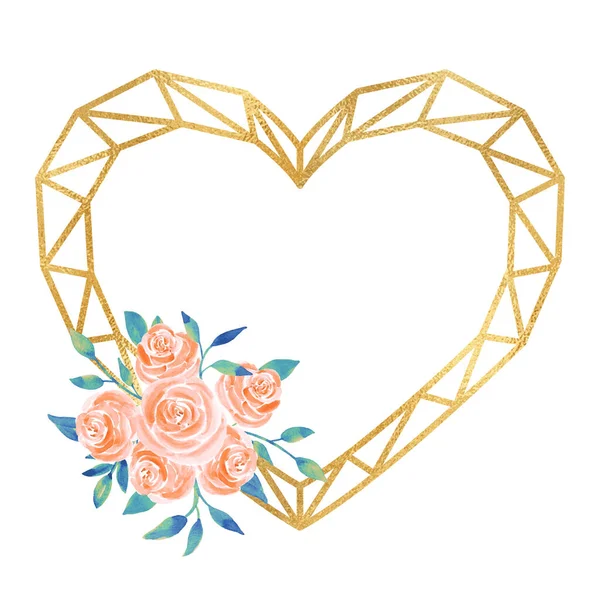 Suluboya çiçek resimli altın kalp çerçevesi.