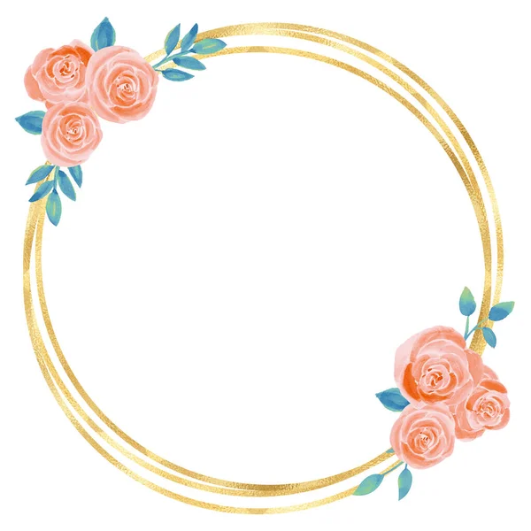 Guld cirkel ram med akvarell blomma illustration. — Stockfoto