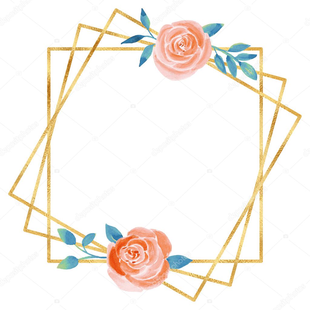 Gold square frame with watercolor flower illustration.