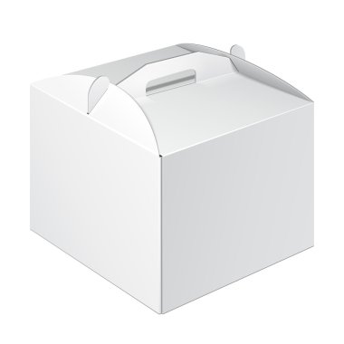 Beyaz karton taşımak kutu ambalaj gıda, Hediyelik veya diğer ürünler için. Beyaz arka plan üzerinde izole. Yukarı, Mockup şablon hazır tasarımınız için alay. Vektör Eps10