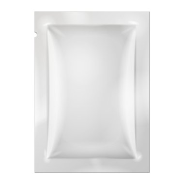 Beyaz sahte boş folyo ambalaj tıp uyuşturucu veya kahve, tuz, şeker, biber, baharat, poşet, tatlılar, şeker veya prezervatif. Tasarımınız için plastik paketi hazır. Aperatif ürün vektör. Slot Blister asmak
