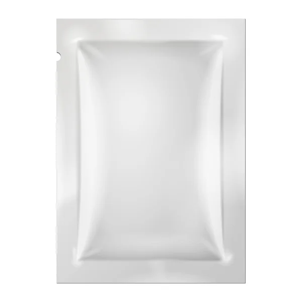 Beyaz sahte boş folyo ambalaj tıp uyuşturucu veya kahve, tuz, şeker, biber, baharat, poşet, tatlılar, şeker veya prezervatif. Tasarımınız için plastik paketi hazır. Aperatif ürün vektör. Slot Blister asmak