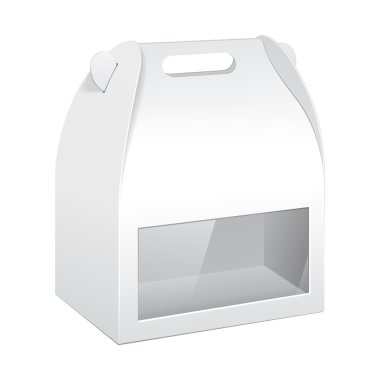 Gıda, Hediyelik veya diğer ürünler için beyaz karton taşımak kutu ambalaj pencere. Beyaz arka plan üzerinde izole. Yukarı, Mockup şablon hazır tasarımınız için alay. Vektör Eps10