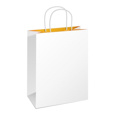 Carrier Paper Bag White Orange, Yellow. Illustration Isolated On White Background. Mock Up Template Ready For Your Design. Product Packing Vector EPS10
