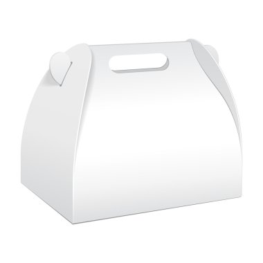 Beyaz küçük karton taşımak kutu ambalaj gıda, Hediyelik veya diğer ürünler için. Beyaz arka plan üzerinde izole. Yukarı, Mockup şablon hazır tasarımınız için alay. Vektör Eps10