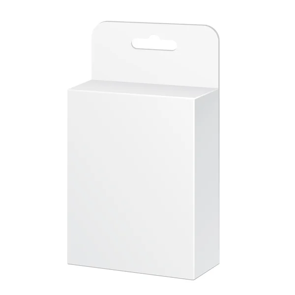 Caja blanca del paquete del producto con la ranura colgante. En blanco sobre fondo blanco aislado. Plantilla Mock Up listo para su diseño. Producto Embalaje Vector EPS10 — Archivo Imágenes Vectoriales