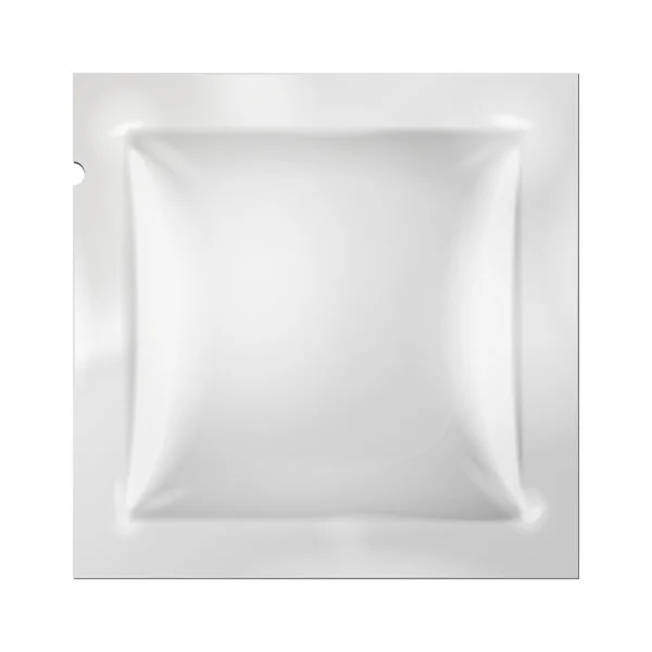 Beyaz boş imbik folyo kese ambalaj tıp uyuşturucu veya kahve, tuz, şeker, poşet, tatlılar veya prezervatif. İllüstrasyon izole beyaz arka plan üzerinde. Şablon hazır tasarımınız için alay. Vektör Eps10