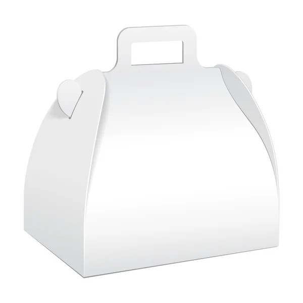 Beyaz küçük karton taşımak kutu ambalaj gıda, Hediyelik veya diğer ürünler için. Beyaz arka plan üzerinde izole. Yukarı, Mockup şablon hazır tasarımınız için alay. Vektör Eps10