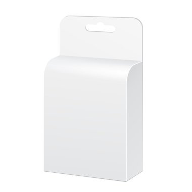 Beyaz ürün paket kutu ile asmak yarık. Beyaz arka planda izole boş. Şablon hazır tasarımınız için alay. Ürün Ambalaj vektör Eps10