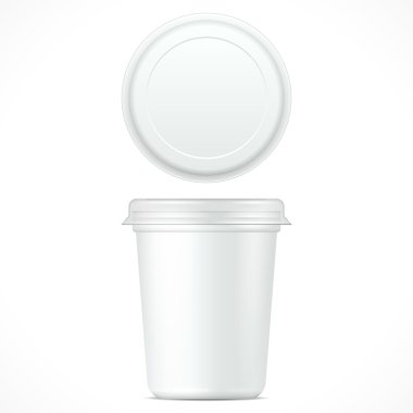 Tatlı, yoğurt, dondurma, ekşi krema veya aperatif için beyaz gıda plastik küvet kova kapsayıcı. Şablon hazır tasarımınız için alay. Ürün Ambalaj vektör Eps10