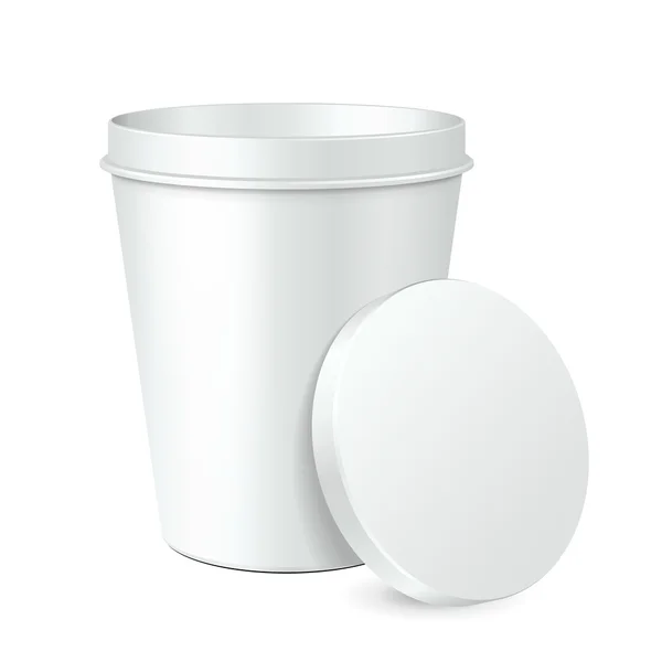 白色食品塑料桶桶容器甜点、 酸奶、 冰淇淋、 酸奶油或小吃。模拟了模板准备好您的设计。产品包装矢量 Eps10 — 图库矢量图片