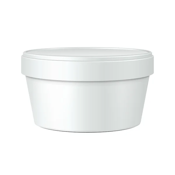 Λευκή πλαστική μπανιέρα κουβά θερμοθάλαμος για επιδόρπιο, γιαούρτι, παγωτό, κρέμα γάλακτος ή σνακ. Εικονογράφηση που απομονώνονται σε λευκό φόντο. Mock Up πρότυπο έτοιμο για το σχέδιό σας. Συσκευασία του προϊόντος — Διανυσματικό Αρχείο