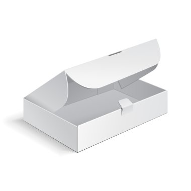 Beyaz ürün karton ambalajlama kutuyu açtın. İllüstrasyon izole beyaz arka plan üzerinde. Şablon hazır tasarımınız için alay. Vektör Eps10