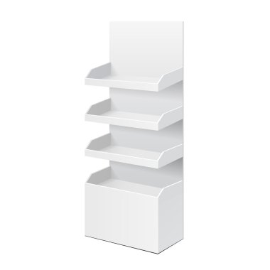 Beyaz POS POI karton boş raf ürünleri sergisi. Beyaz Arka plan izole edildi. Tasarımınız için şablonu hazırlayın. Ürün Paketleme Vektörü EPS10