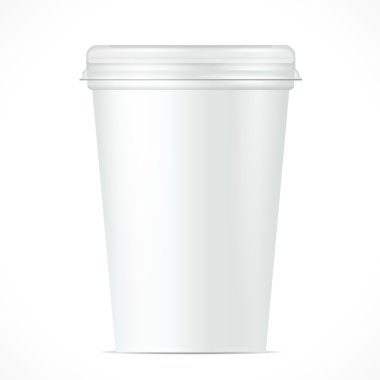 Tatlı, yoğurt, dondurma, ekşi krema veya aperatif için beyaz gıda plastik küvet kova kapsayıcı. İllüstrasyon izole beyaz arka plan üzerinde. Şablon hazır tasarımınız için alay. Ürün Ambalaj