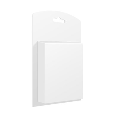 Beyaz ürün paket kutu ile asmak yarık. Beyaz arka planda izole boş. Şablon hazır tasarımınız için alay. Ürün Ambalaj vektör Eps10