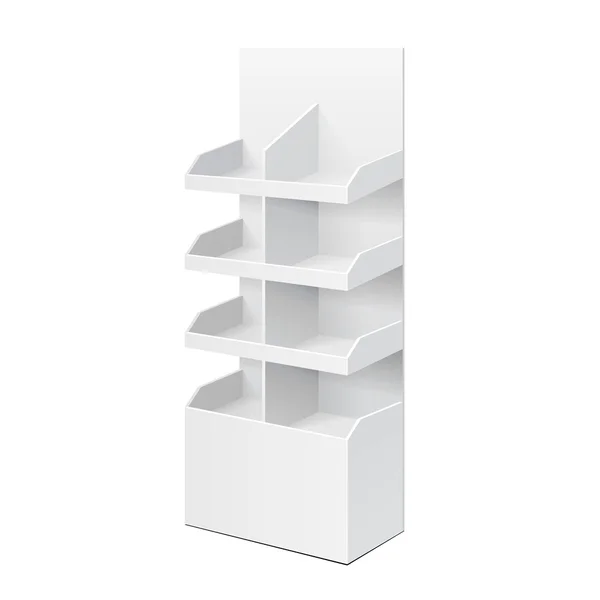 화이트 POS POI 카드 보드 Blank Empty Displays With Shelves Products. 흰 바탕에 고립되어 있다. 당신의 디자인을 위해 준비 된 템플릿을 만들라. 제품 포장 Vector EPS10 — 스톡 벡터