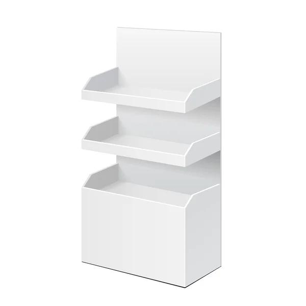 Witte POS POI Kartonnen Lege Displays met Planken Producten. Op witte achtergrond geïsoleerd. Mock up sjabloon klaar voor uw ontwerp. Product verpakkingsvector EPS10 — Stockvector