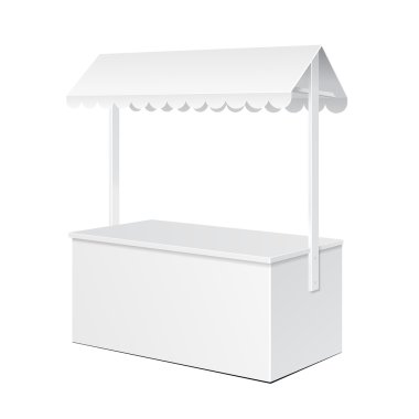 Çatı, gölgelik beyaz Pos POI boş boş perakende Stand durak Bar ekran. Beyaz arka plan üzerinde izole. Şablon hazır tasarımınız için alay. Ürün Ambalaj vektör Eps10
