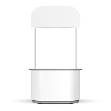Çatı, gölgelik beyaz Pos POI boş boş perakende Stand durak Bar ekran. Beyaz arka plan üzerinde izole. Şablon hazır tasarımınız için alay. Ürün Ambalaj vektör Eps10