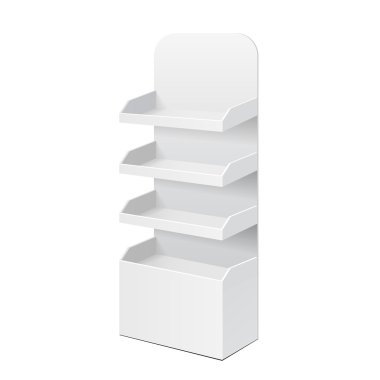 Beyaz POS POI karton boş raf ürünleri sergisi. Beyaz Arka plan izole edildi. Tasarımınız için şablonu hazırlayın. Ürün Paketleme Vektörü EPS10