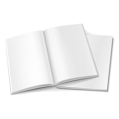 Boş İki Açılan Dergi, Kitap, Kitapçık, Broşür Kapağı. Beyaz Arka Plan Üzerine İzole İllüstrasyon. Tasarımınız için şablonu hazır şekilde tarar. Vektör Eps10