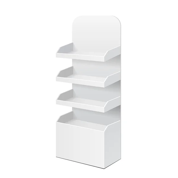 Blank Empty Displays With Shelves Products POS POI POS Putih. Latar Belakang Putih Terisolasi. Mock Up Template Ready For Your Design (dalam bahasa Inggris). Vektor Pengepakan Produk EPS10 - Stok Vektor