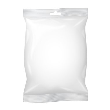 Beyaz boş folyo gıda Snack poşet çanta kahve, tuz, şeker, biber, baharat, poşet, tatlılar, ambalaj cips, kurabiye. İllüstrasyon izole. Şablon hazır tasarımınız için alay. Vektör Eps10