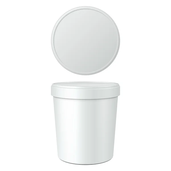 Tatlı, yoğurt, dondurma, ekşi krema veya aperatif için beyaz gıda plastik küvet kova kapsayıcı. İllüstrasyon izole beyaz arka plan üzerinde. Şablon hazır tasarımınız için alay. Ürün Ambalaj