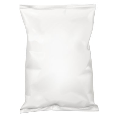 Beyaz boş folyo gıda Snack poşet çanta kahve, tuz, şeker, biber, baharat, poşet, tatlılar, ambalaj cips, kurabiye. İllüstrasyon izole. Şablon hazır tasarımınız için alay. Vektör Eps10