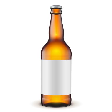Beyaz Arka Plan İzole Etiket ile Cam Bira Kahverengi Şişe. Beyaz Arka Plan Üzerine İzole İllüstrasyon. Tasarımınız için şablonu hazır şekilde tarar. Vektör Eps10