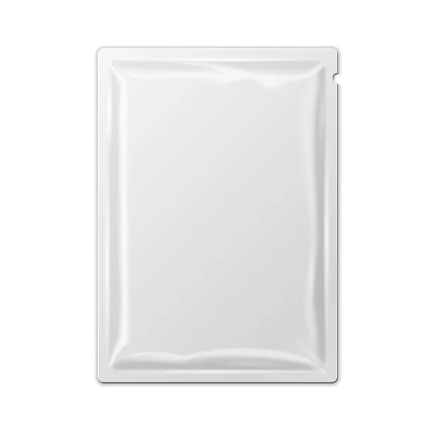 Beyaz sahte boş folyo ambalaj tıp uyuşturucu veya kahve, tuz, şeker, biber, baharat, poşet, tatlılar, şeker veya prezervatif. Tasarımınız için plastik paketi hazır. Aperatif ürün vektör. Slot Blister asmak