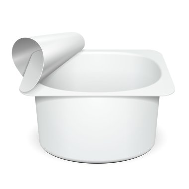 Tatlı, yoğurt, dondurma, ekşi doğru Sream veya aperatif için beyaz Kupası küvet gıda plastik konteyner açıktır. İllüstrasyon izole beyaz arka plan üzerinde. Şablon hazır tasarımınız için alay. Vektör Eps10