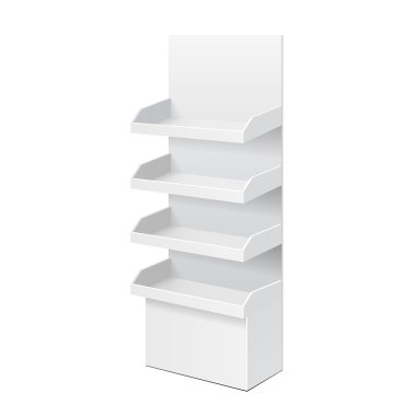 Beyaz POS POI karton boş raf ürünleri sergisi. Beyaz Arka plan izole edildi. Tasarımınız için şablonu hazırlayın. Ürün Paketleme Vektörü EPS10