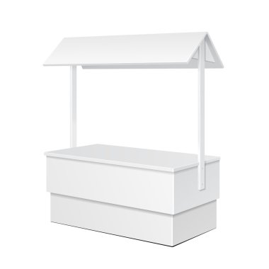 Çatı, gölgelik beyaz Pos POI boş boş perakende Stand durak Bar ekran. Beyaz arka plan üzerinde izole. Şablon hazır tasarımınız için alay. Ürün Ambalaj vektör Eps10