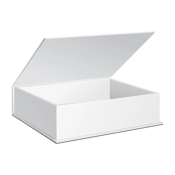 Caja blanca del paquete del cartón del producto del vuelo abierto con la sombra. Ilustración Aislado sobre fondo blanco. Plantilla Mock Up listo para su diseño. Vector EPS10 — Vector de stock