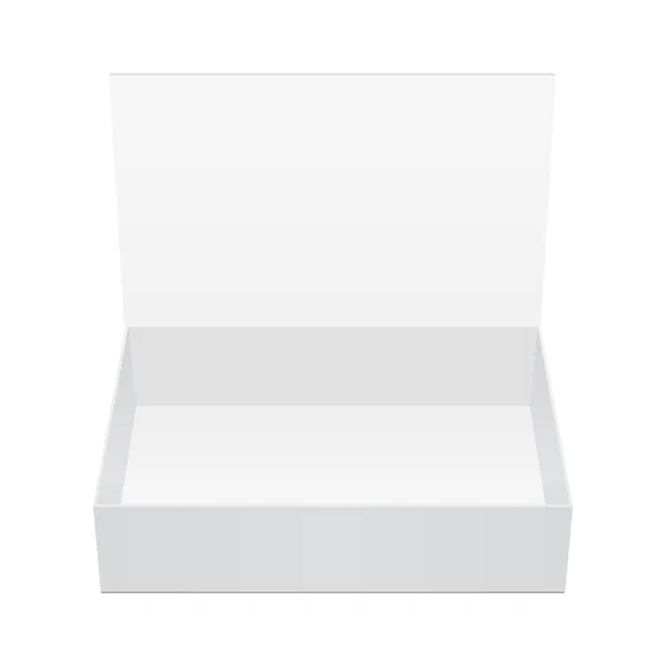Boîte de paquet ouverte blanche de carton de produit volant avec l'ombre. Illustration isolée sur fond blanc. Modèle maquillé prêt pour votre conception. Vecteur EPS10 — Image vectorielle