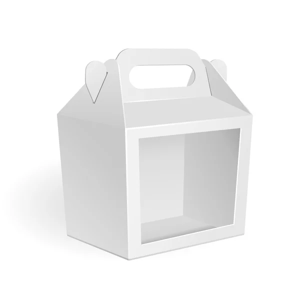 食品、ギフトまたは他の製品の白いダン ボール キャリー ボックス包装ウィンドウ。白い背景に分離されました。アップ、あなたのデザインのモックアップ テンプレート準備を模擬します。ベクトル Eps10 — ストックベクタ